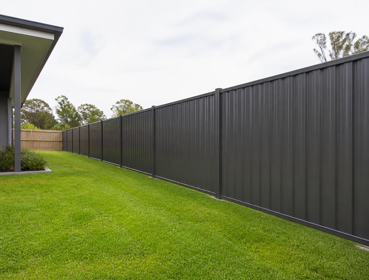 Dark Colorbond steel fence along a Brisbane backyard boundary